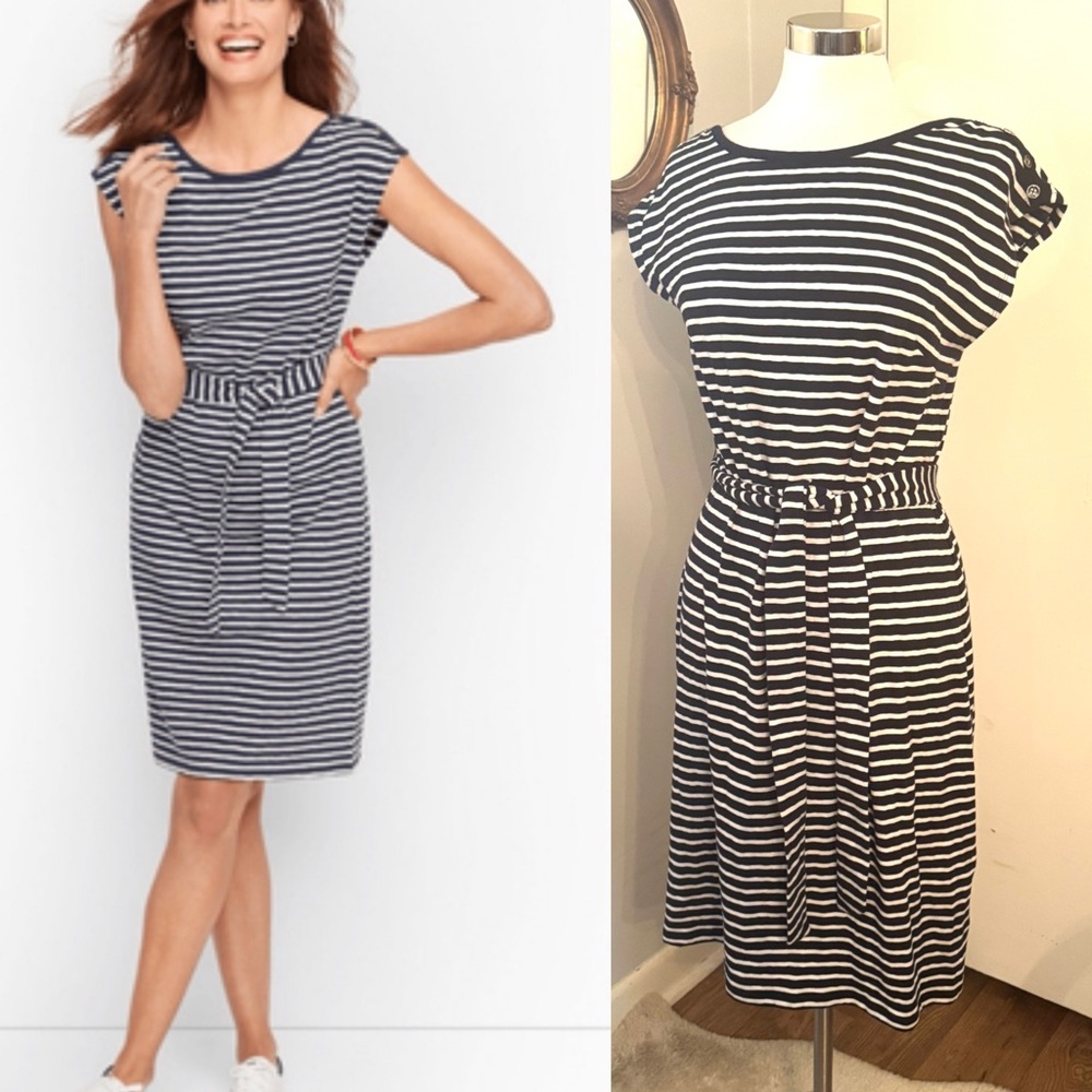 Navy and White Striped Midi Dress Sz M Nautical preppy Beach casual Coastal chic